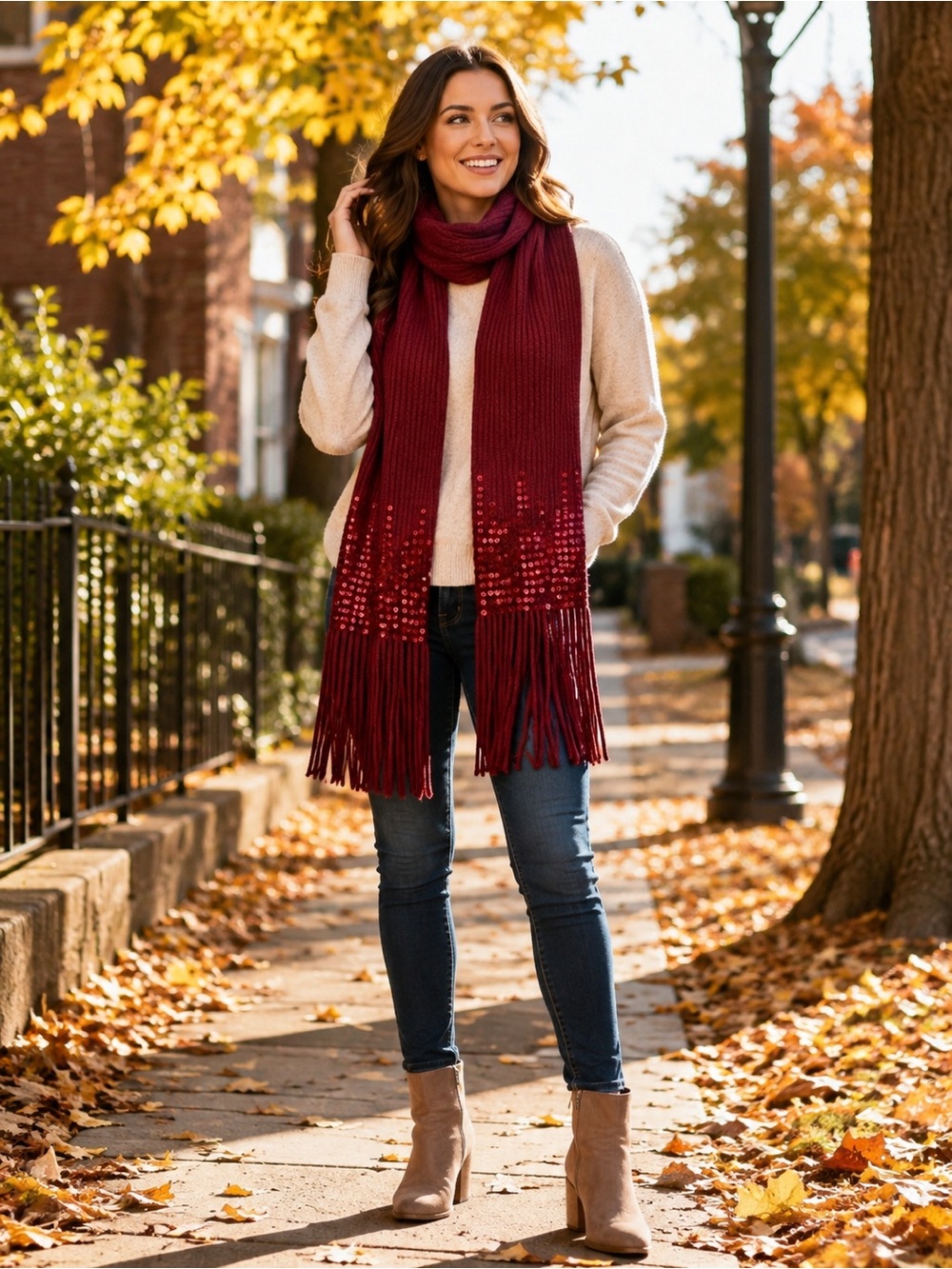 Red long sequin fringe fall winter soft scarf